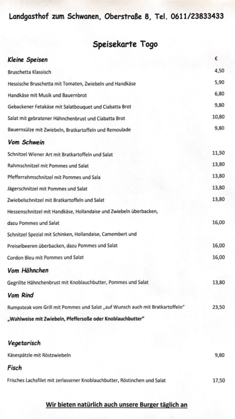 Aktuelle Speisekarte für unser außer Haus Geschäft 