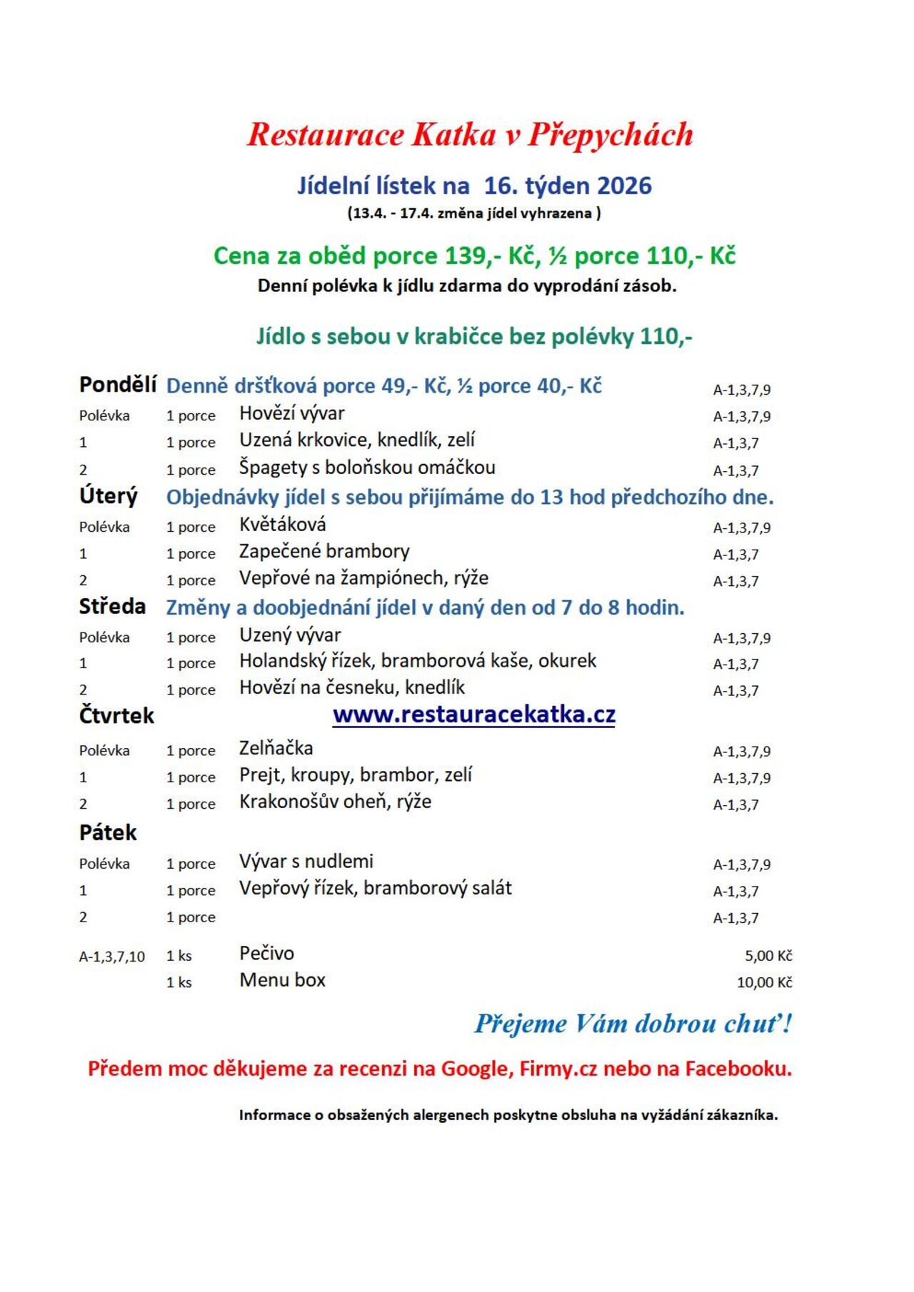 Jídelní lístek na 16. týden 2026