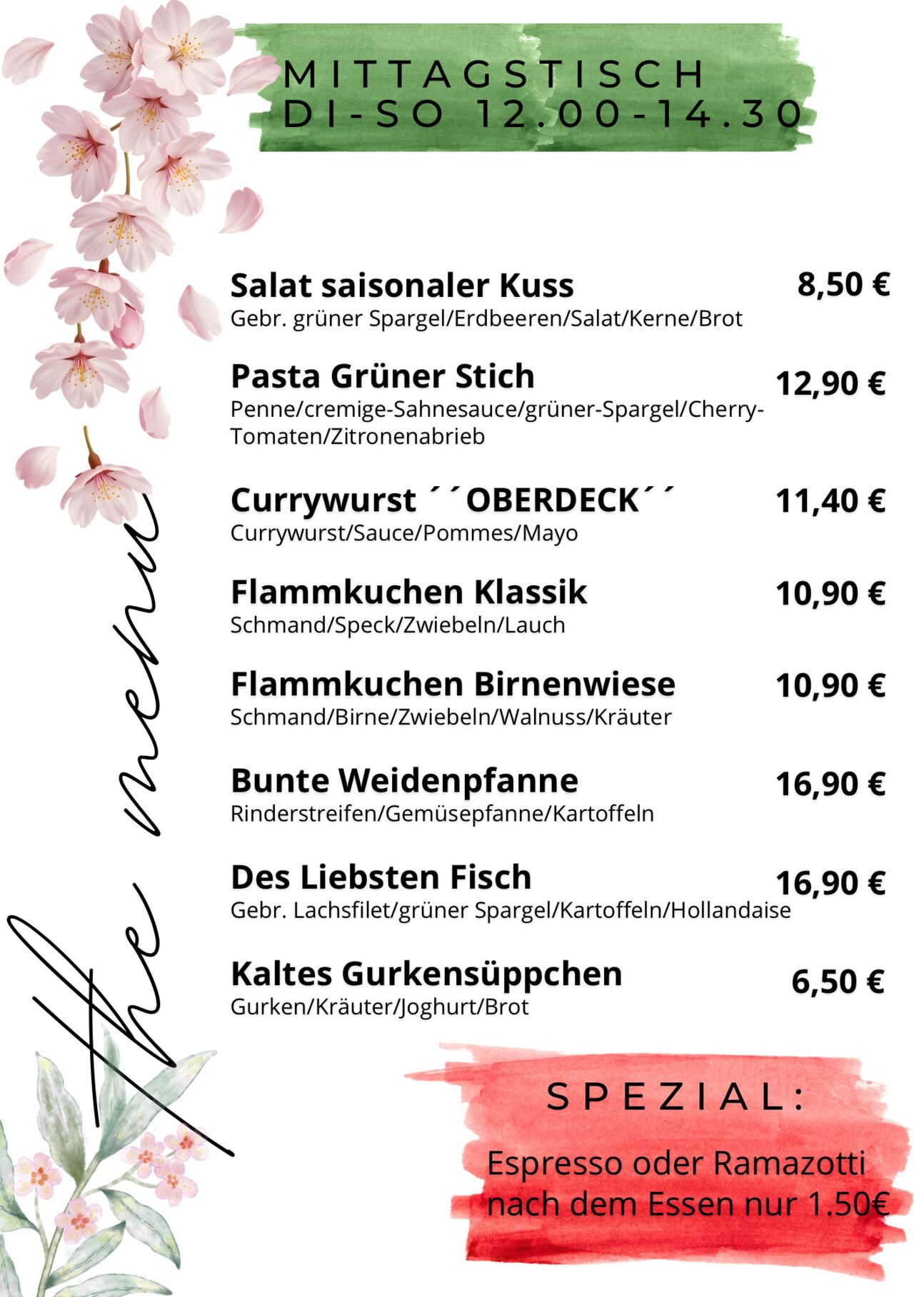 Mittagskarte im Café Kunstpause
