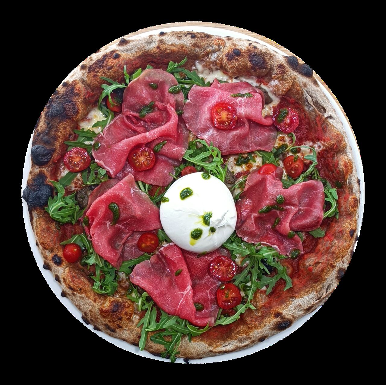 Mai La Capricciosa - base tomates, mozza, oignons rouges, aubergines, salade, burrata, carpaccio bœuf, pesto maison
