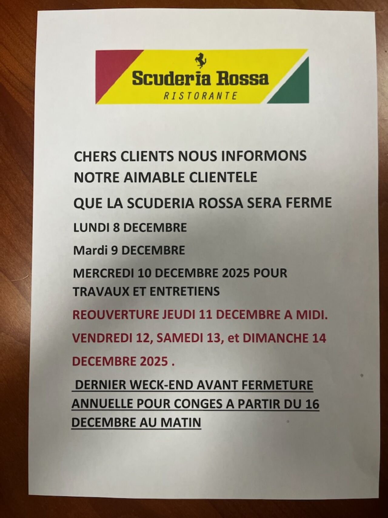 Information fermeture pour congé annuel