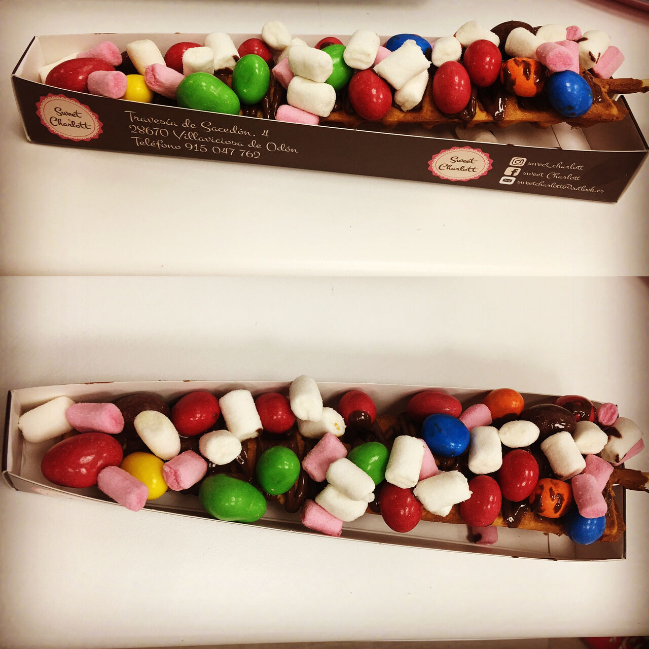 *GOFRE PIRULETA*
Con Nutella de la de siempre, Mini Nubes y Kranch color(cacahuete recubierto de chocolate).