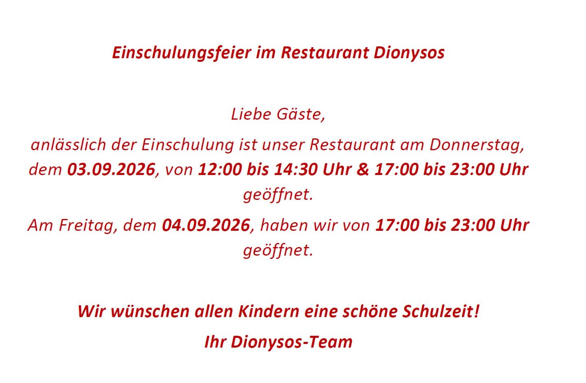 Einschulungsfeier im Restaurant Dionysos