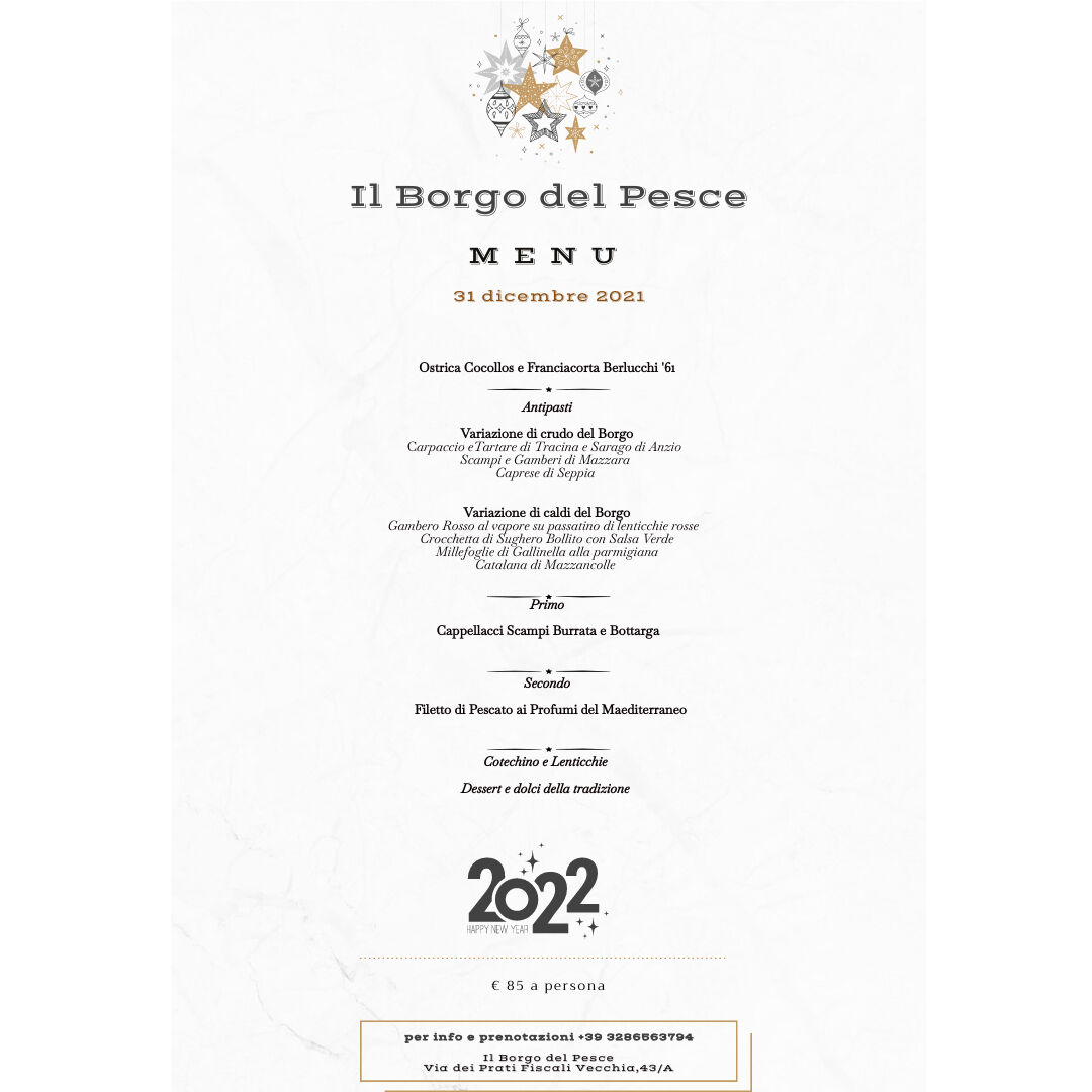 Abbiamo preparato un menù speciale 🍽 per la cena del 31 dicembre 2021🍾.
Ricorda che è obbligatoria la prenotazione anticipata.
