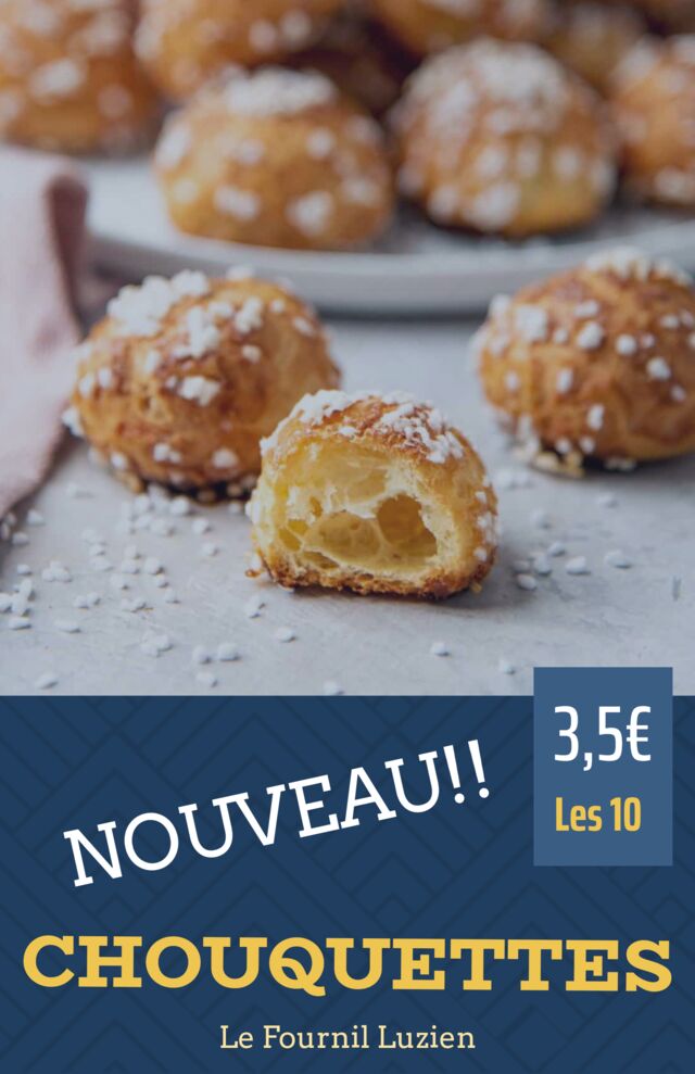 Venez déguster nos chouquettes cuite au fur et à mesure des ventes,
-Barquette de 10 chouquettes à 3,50€