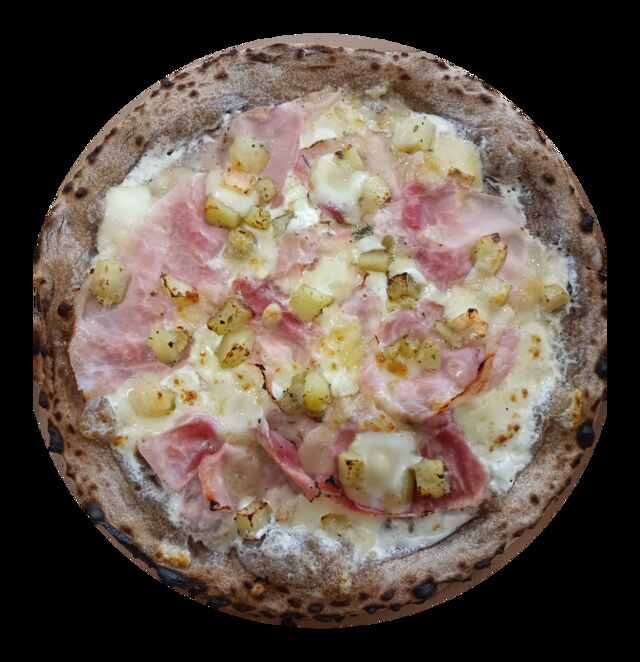 Avril La Lombardia - Base crème, mozzarella FDL, jambon blanc aux herbes, pommes de terre rôties, taleggio et parmesan