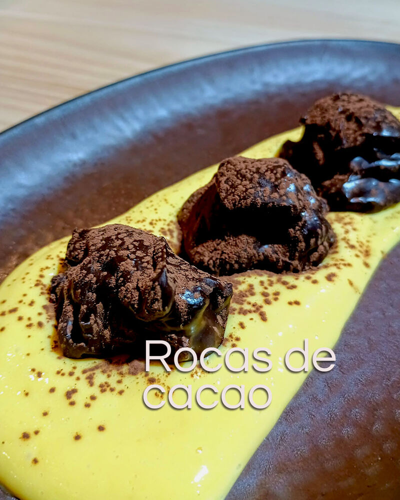 Rocas de cacao, rellenas de frutos secos sobre crema de mango