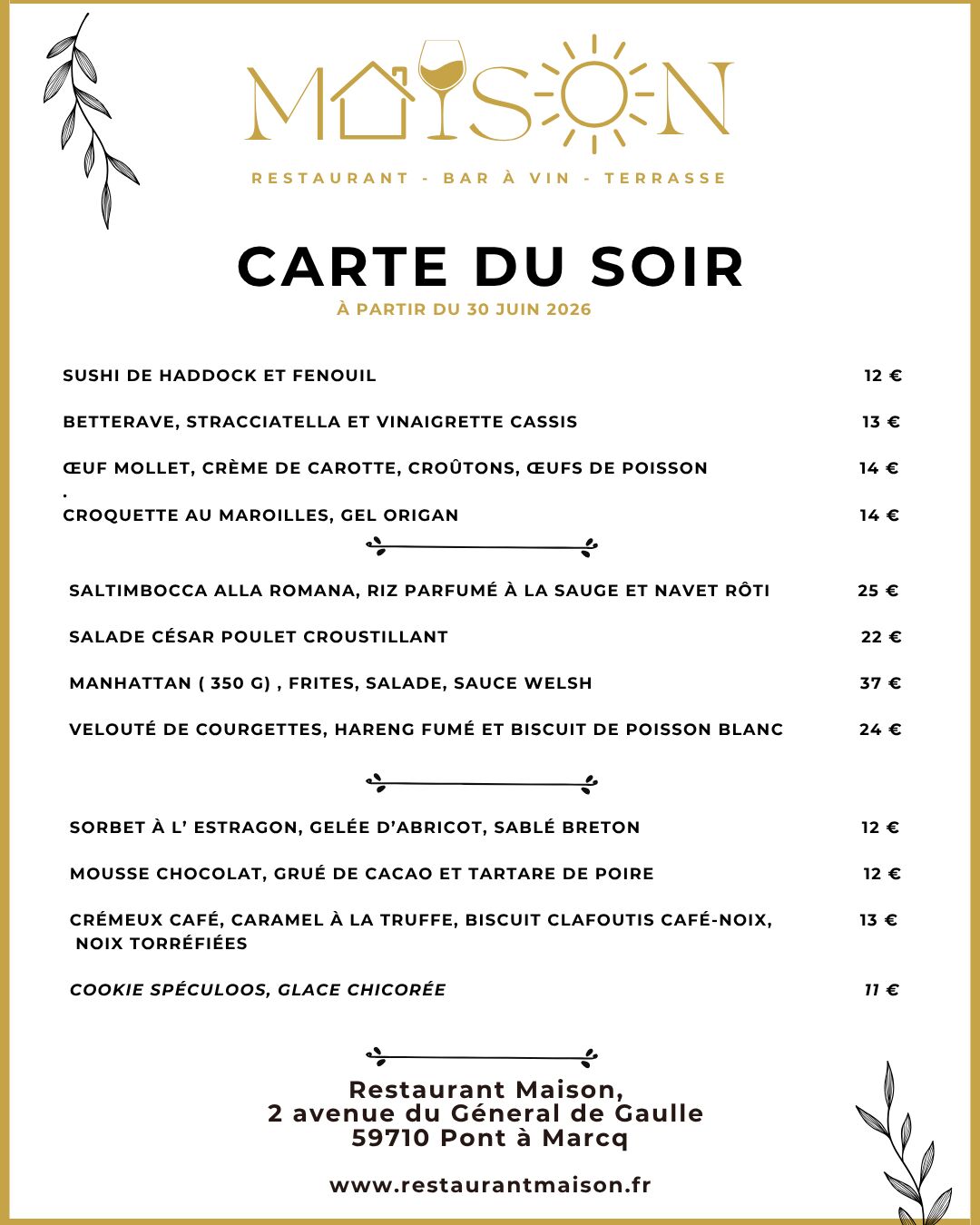 carte du soir à partir du 30 juin