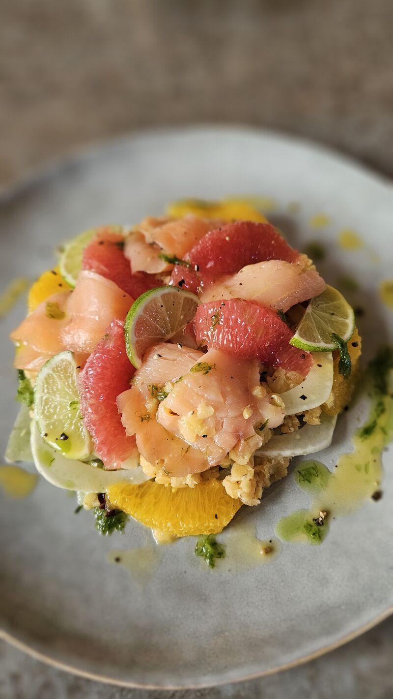 Rote Linsen, Fenchel, Zitrusfrüchte, Räucherlachs