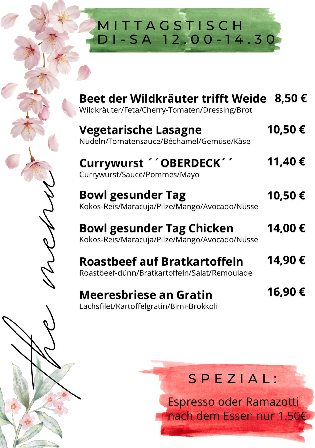 Mittagskarte im Café Kunstpause