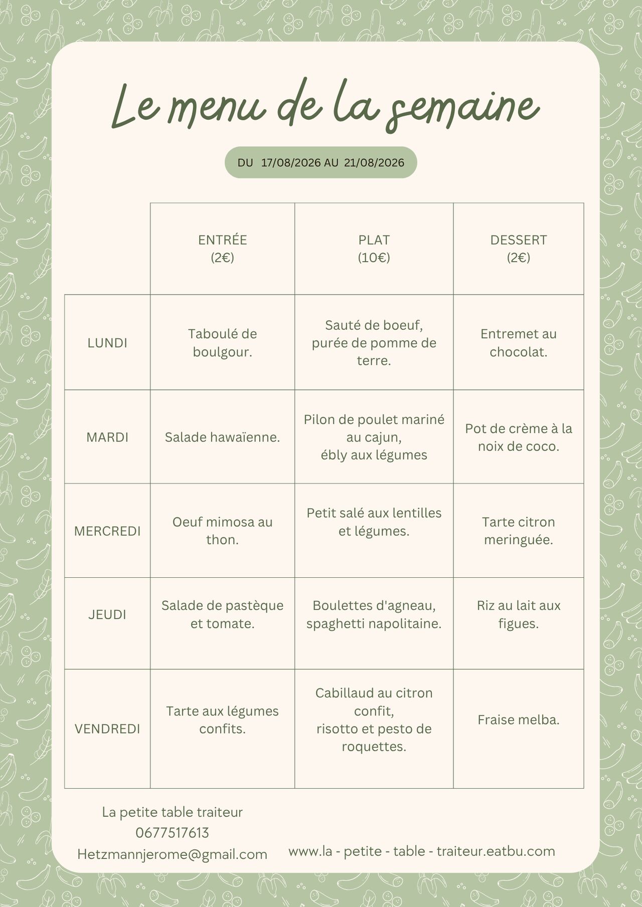 Menu du jour du 17 au 21 août 2026.