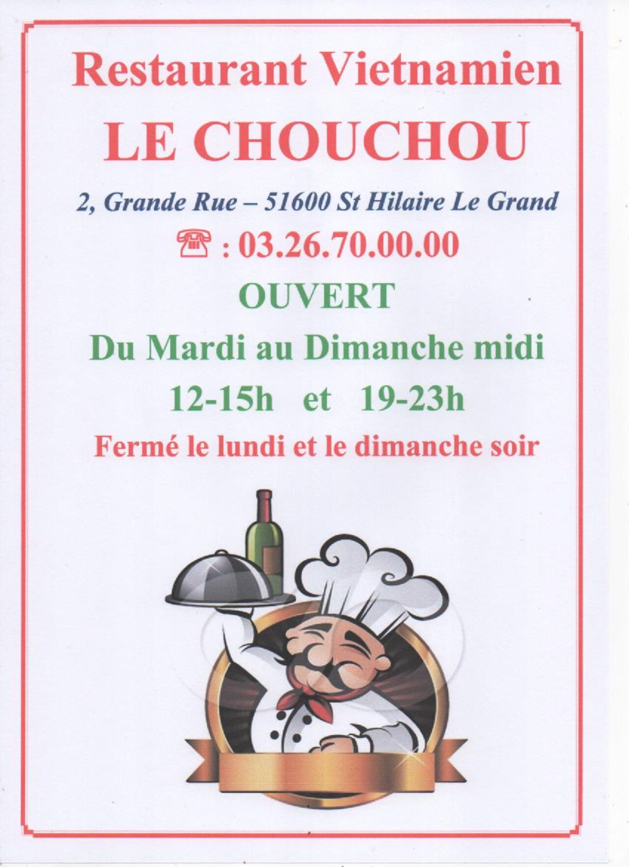 RESTAURANT LE CHOUCHOU - 51600 SAINT HILAIRE LE GRAND