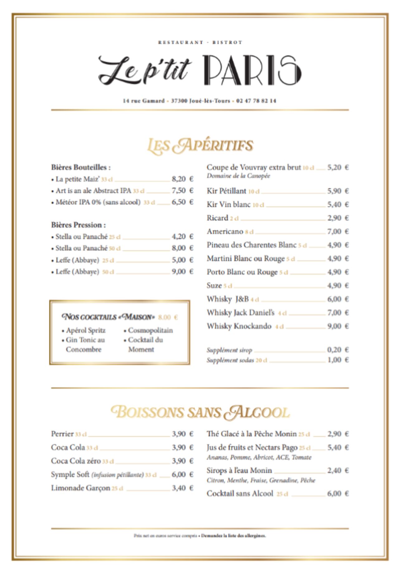 Découvrez notre carte des boissons et apéritifs