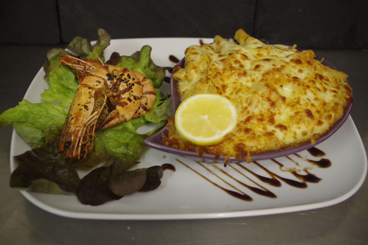 Gratin de penne Saint-Jacques et gambas