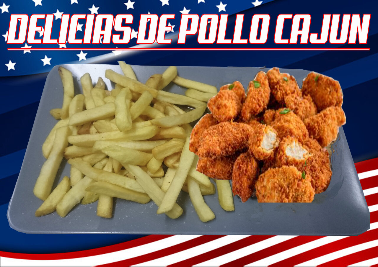 Pollo especiado con un toque picante y patatas fritas.