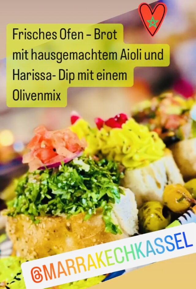 MarrakecH Ofen- Khubz
#handmade
🧡💛💚💙💜
Frisches Ofen – Brot mit hausgemachtem Aioli und Harissa- Dip mit einem Olivenmix