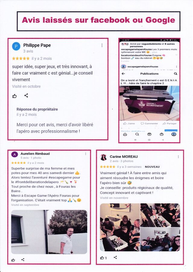 Quelques avis laissés sur facebook et Google 