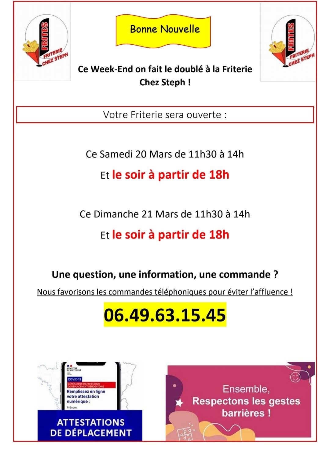 Ouverture Exceptionnelle Samedi Soir et Dimanche à partir de 18h, on reprend les bonnes habitudes !