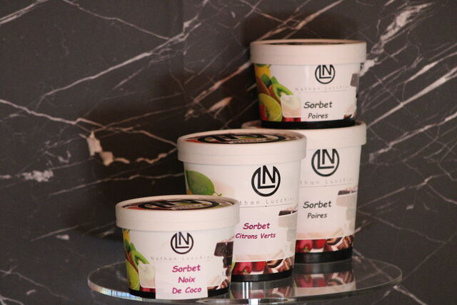 Sorbets noix de coco, fraise, citron vert, framboise, griotte, mandarine, orange, cassis, mara des bois, poire, kiwi, passion ..