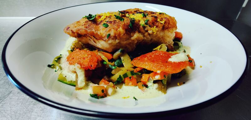 Sauté de légumes à l’asiatique, Dos de Skrei mariné sauce soja et gingembre