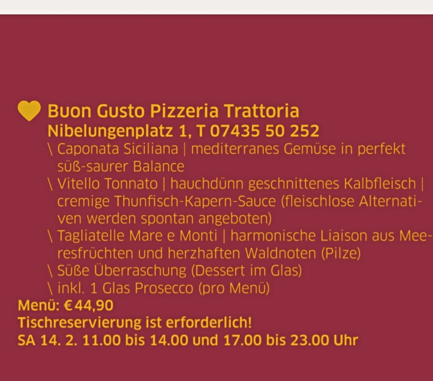 Unser Menü zum Valentinstag, am Sa. 14.2.2026