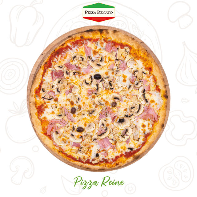 Tomate, fromage, jambon, champignons, olives et origan.33 cm.