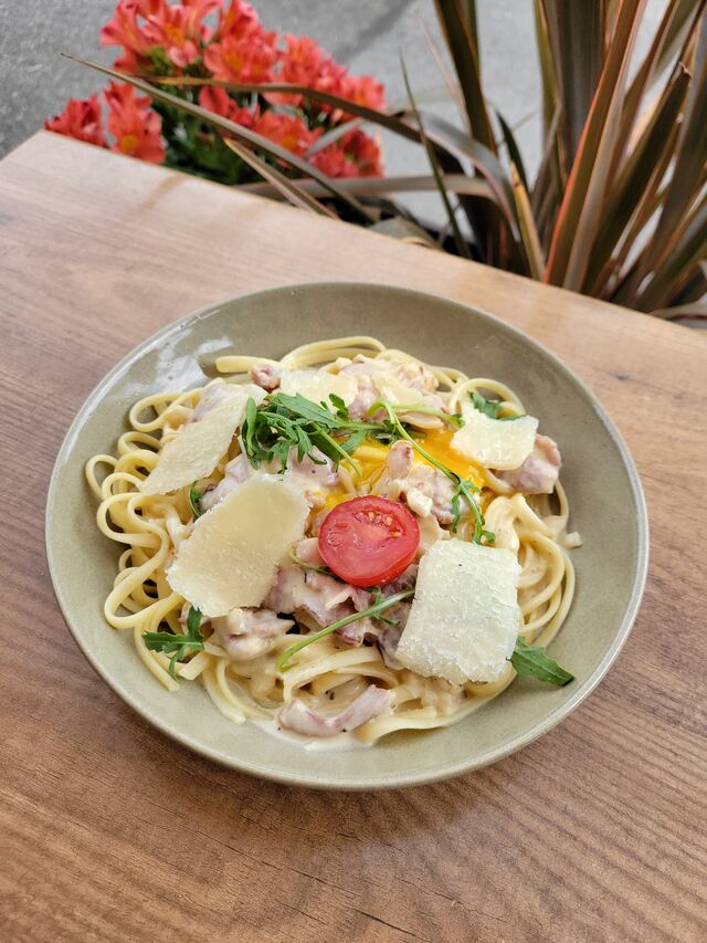 Linguine, aux lards fermier, façon Carbonara