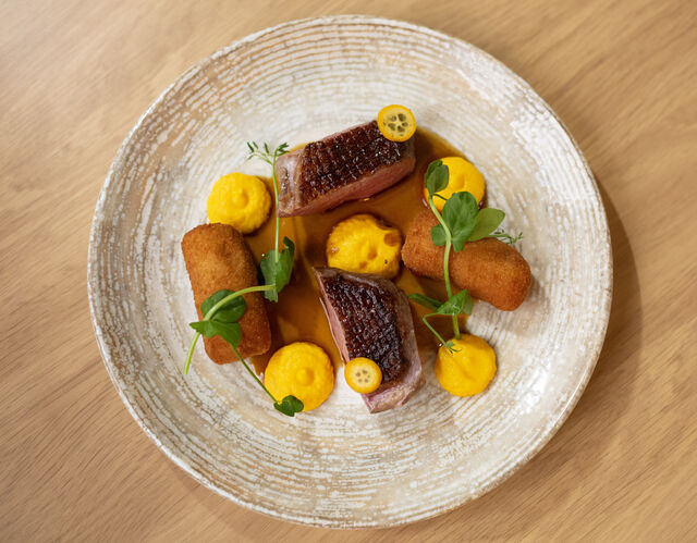 Magret de canard, fondant de pommes de terre aux éclats de châtaignes, purée de carottes et jus de canard