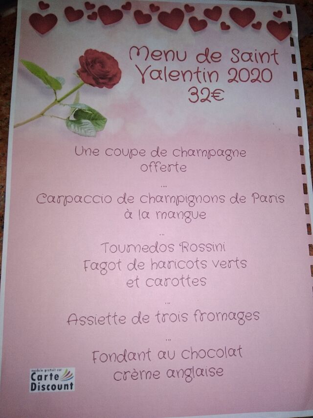 Menu de la St. Valentin, sur réservation au 04.75.51.38.85 ou au 06.16.30.15.42.