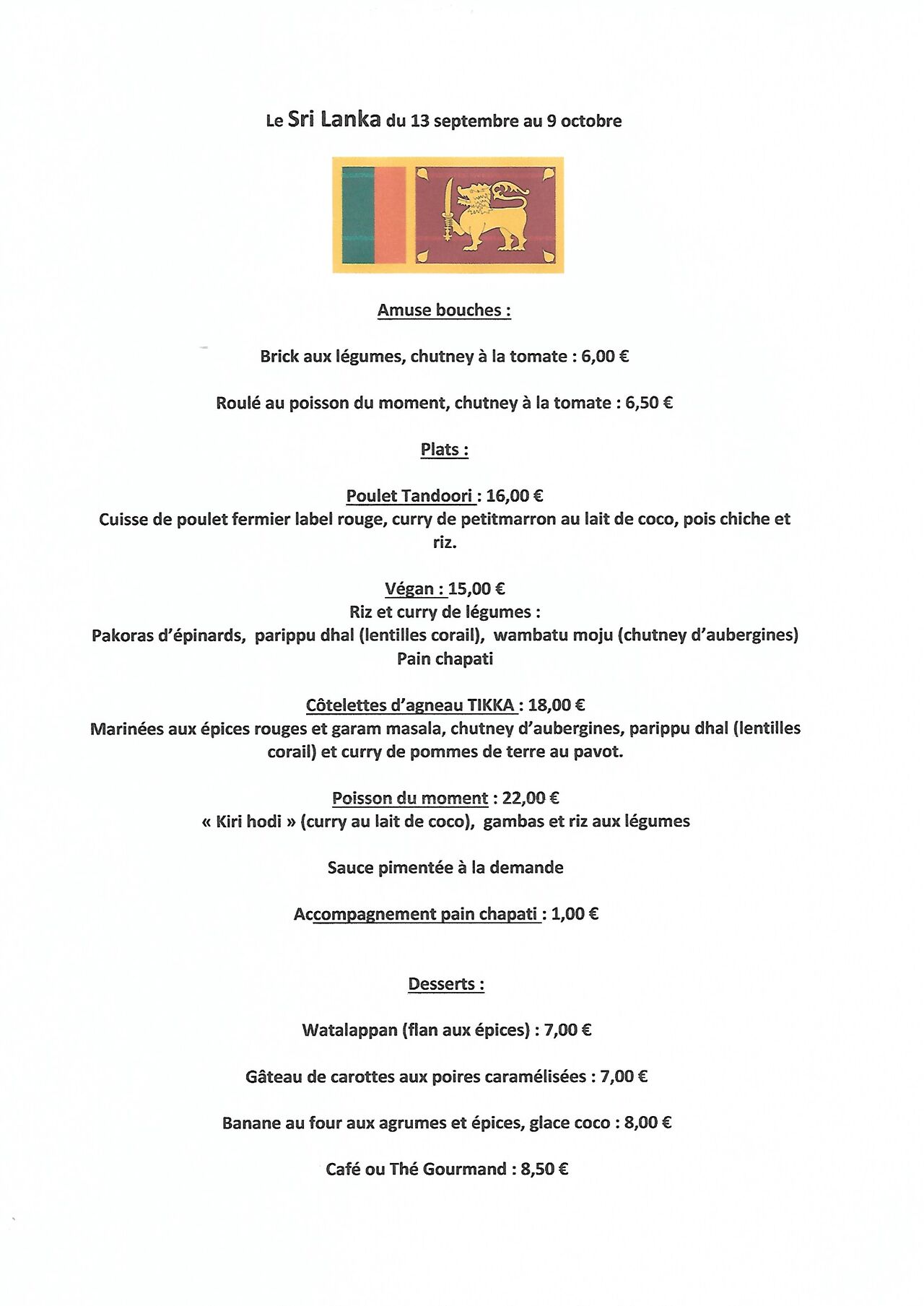Et voici le menu du Sri Lanka