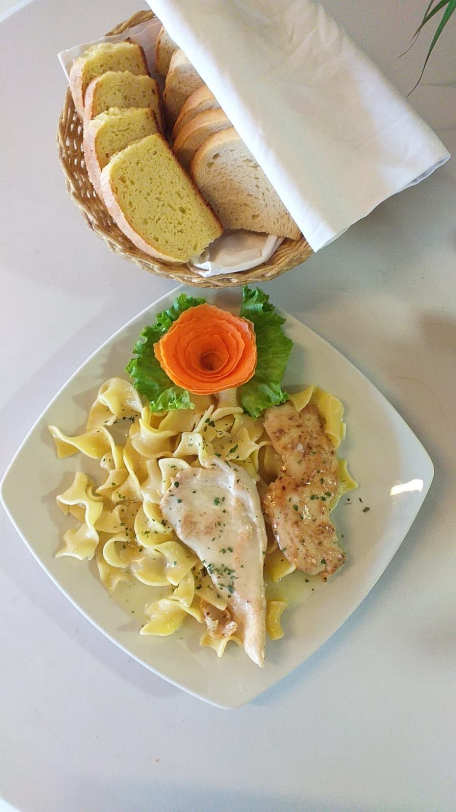 Piletina u bijelom umaku, tijesto, salata