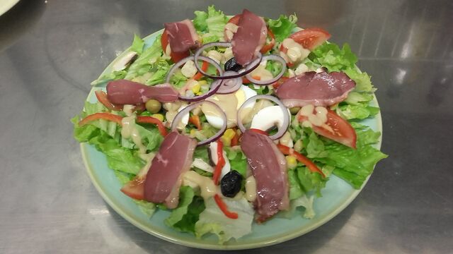 CAMPAGNARDE : salade, tomate, œuf, poivron, oignon, croûton, magret de canard