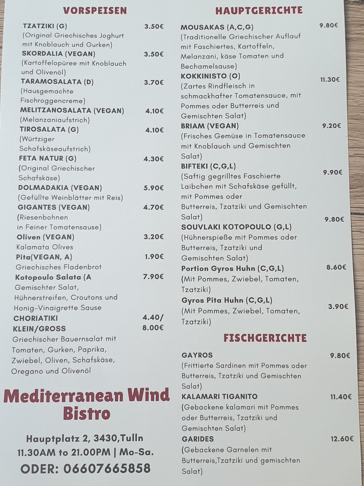 Unsere Speisen und Preis Liste für Lieferung od. Abholung