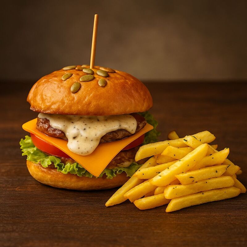 Chiflă, carne suculentă, cheddar topit, legume fresh, un sos, cartofi prăjiți!