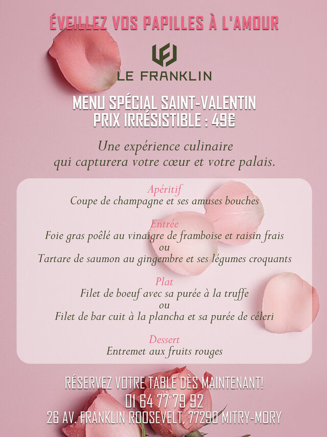 Plongez dans une soirée romantique avec notre menu spécial Saint-Valentin.