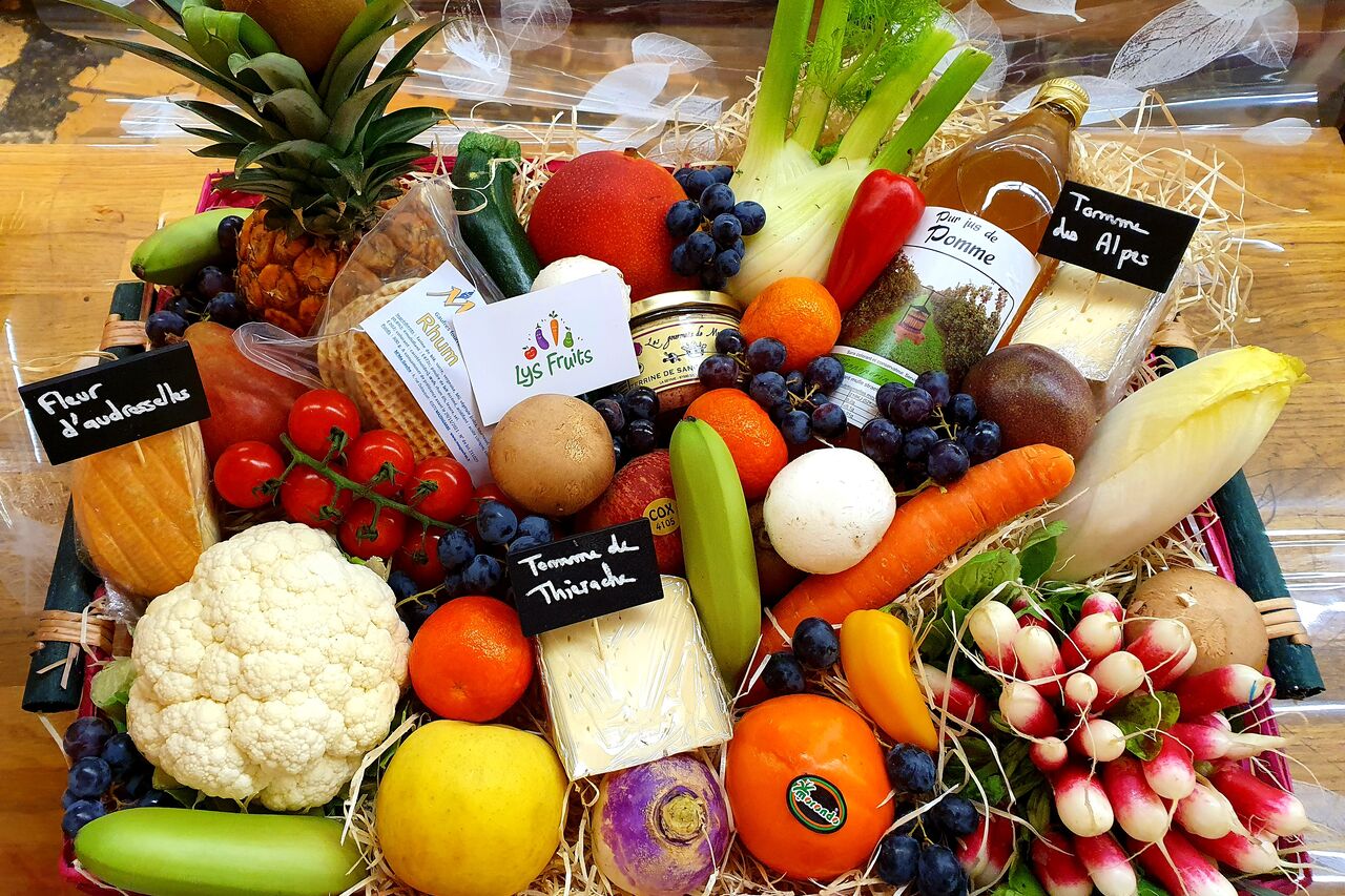 Corbeilles de fruits, Légumes, fromages, épicerie et mixte