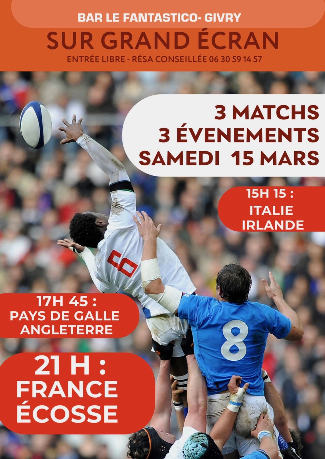 3 matchs - 3 évènements RUGBY : diffusion grand écran le 15.03