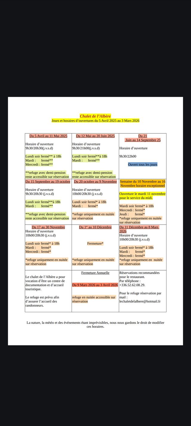 Nos horaires annuels