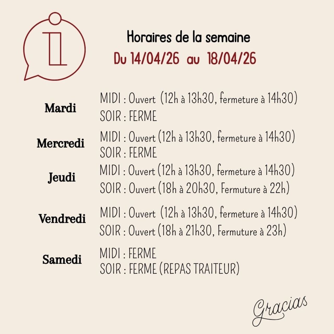 HORAIRES RESTAURANT