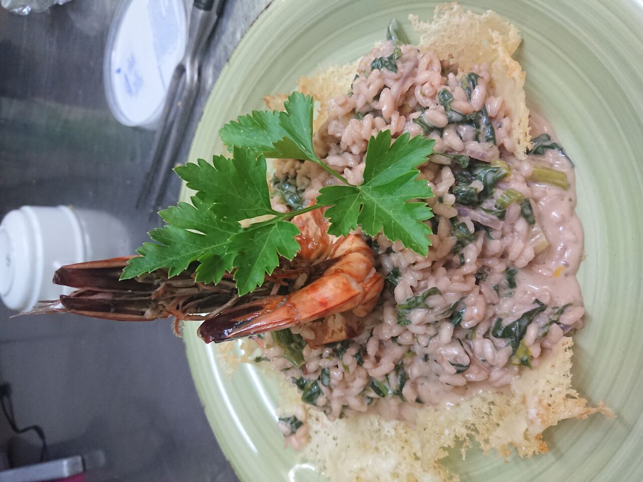 Risotto mit Gambas spinat und mascarpone