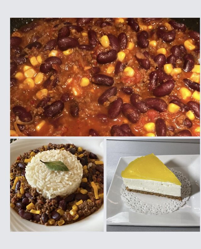 Chili con carne, cheesecake citron