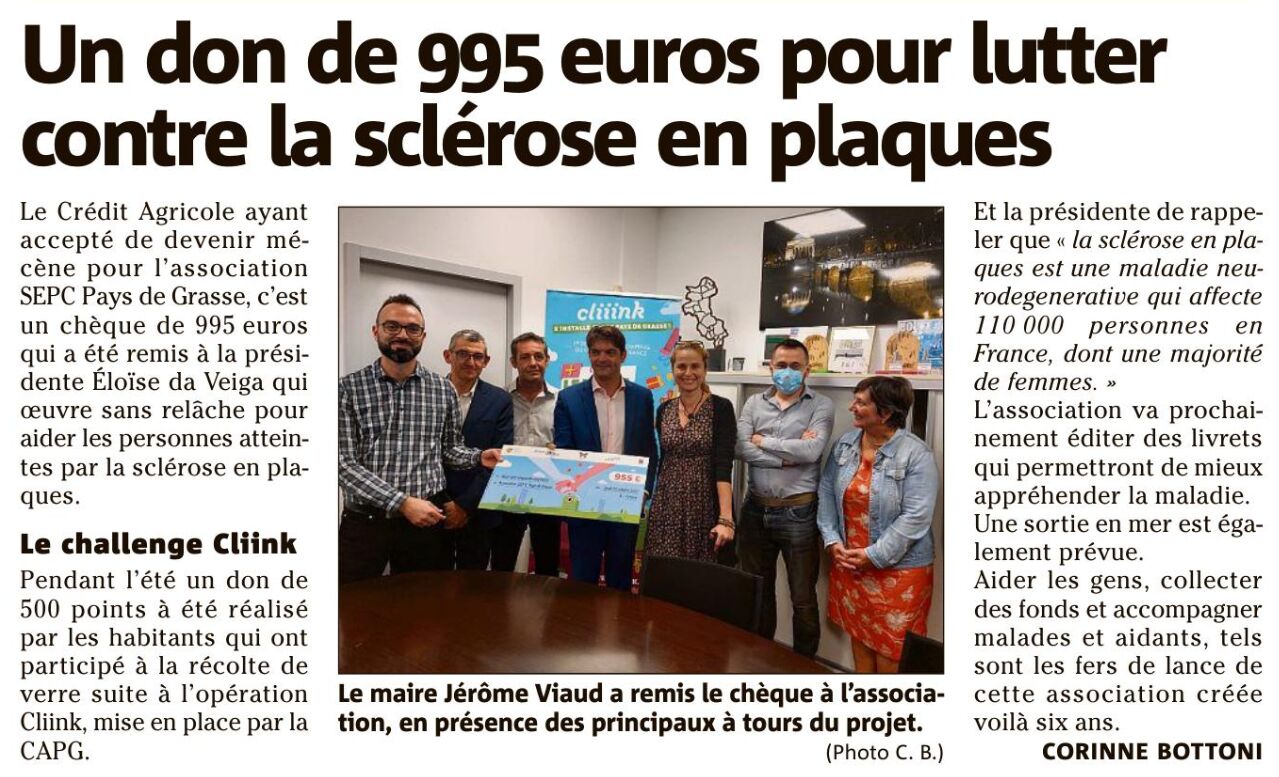 Nice matin 25/10/22, 2ème don cliiink grâce au Crédit Agricole pour S.E.P'C.!!