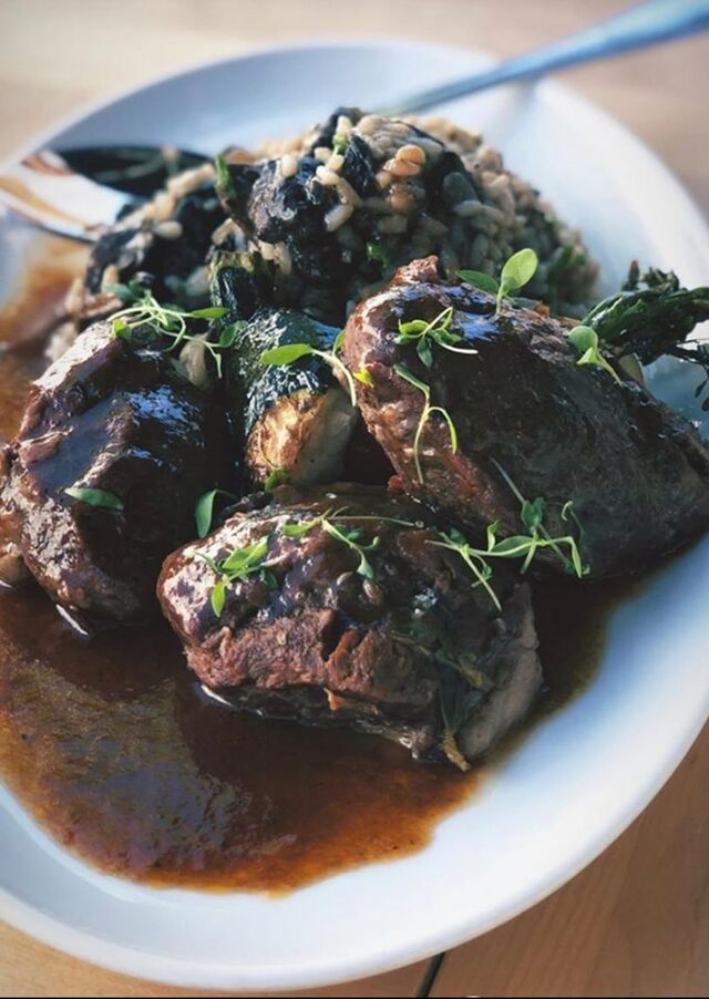 Bochechas de Porco Preto com Arroz de Setas