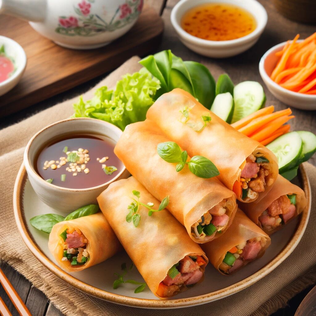 Chả giò giòn rụm với thịt và rau củ, kèm theo nước chấm.