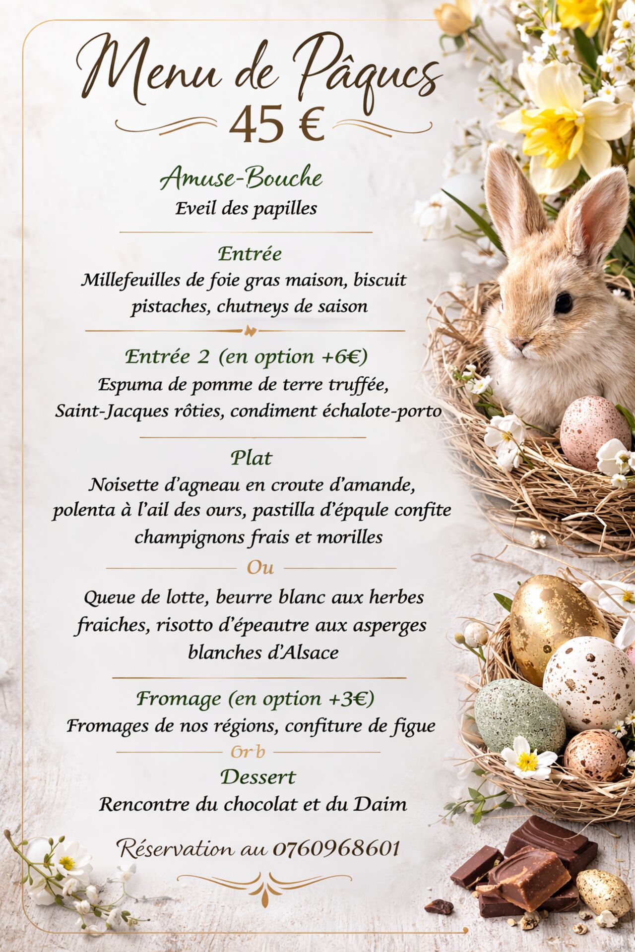 Menu de Pâques sur place