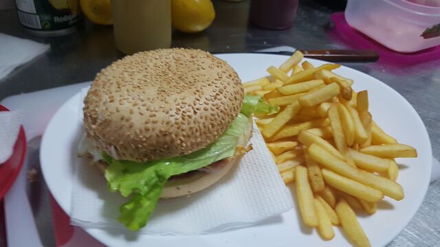 Prueba nuestras deliciosas Hamburguesas caseras, El Velero acompañada de papas fritas y nuestra salsa de la casa. 