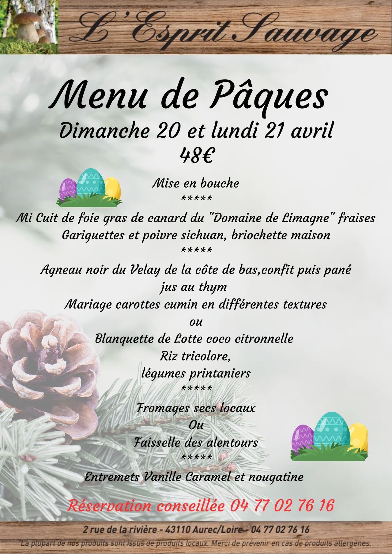 Menu de Pâques Dimanche 20 et lundi 21 avril