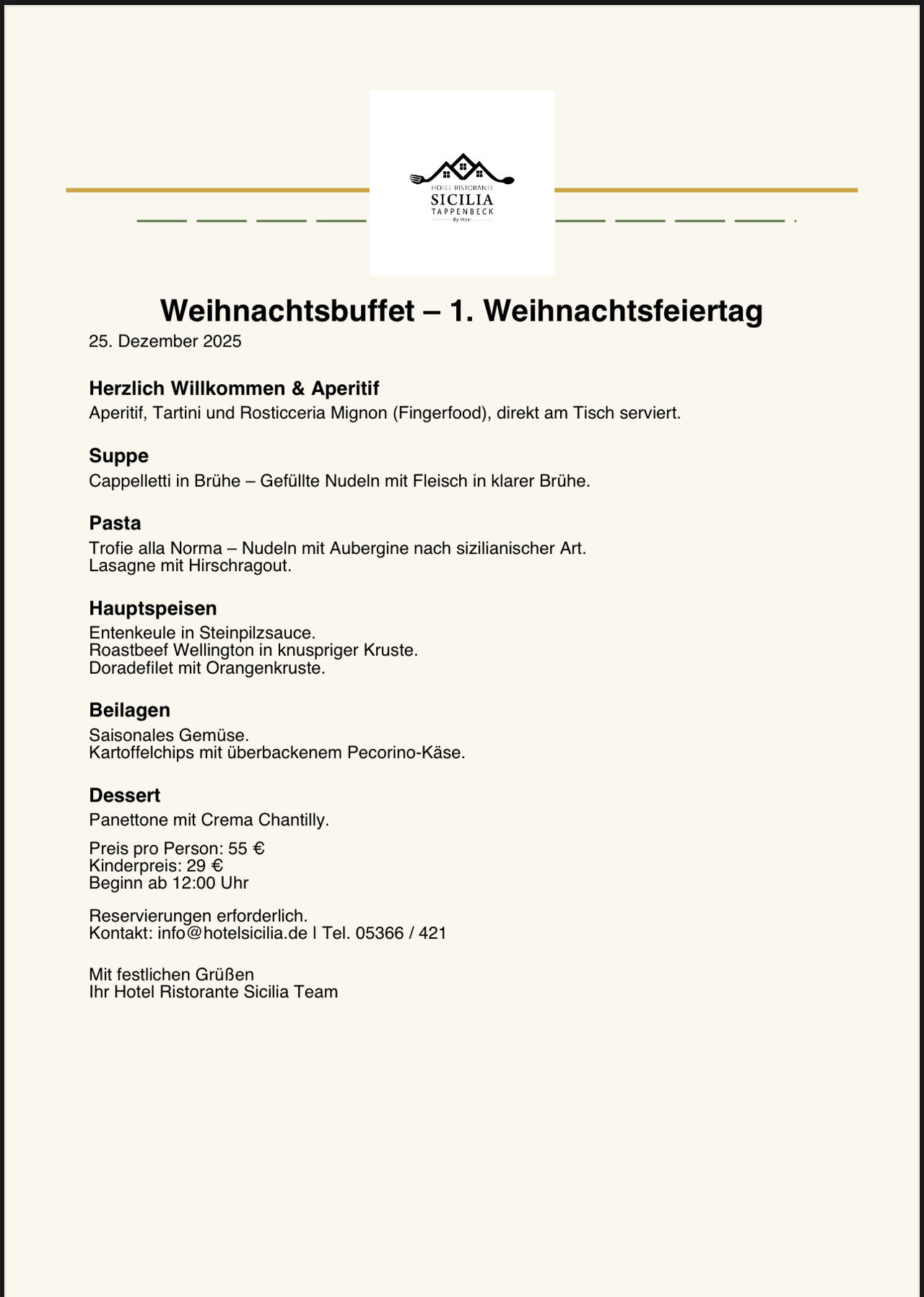 Weihnachtsbuffet am 25. Dezember 2025