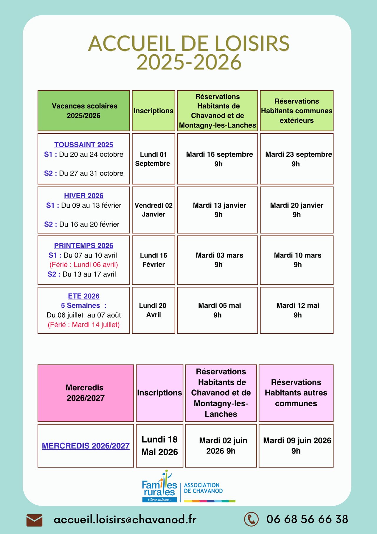 Informations Vacances 2025-2026