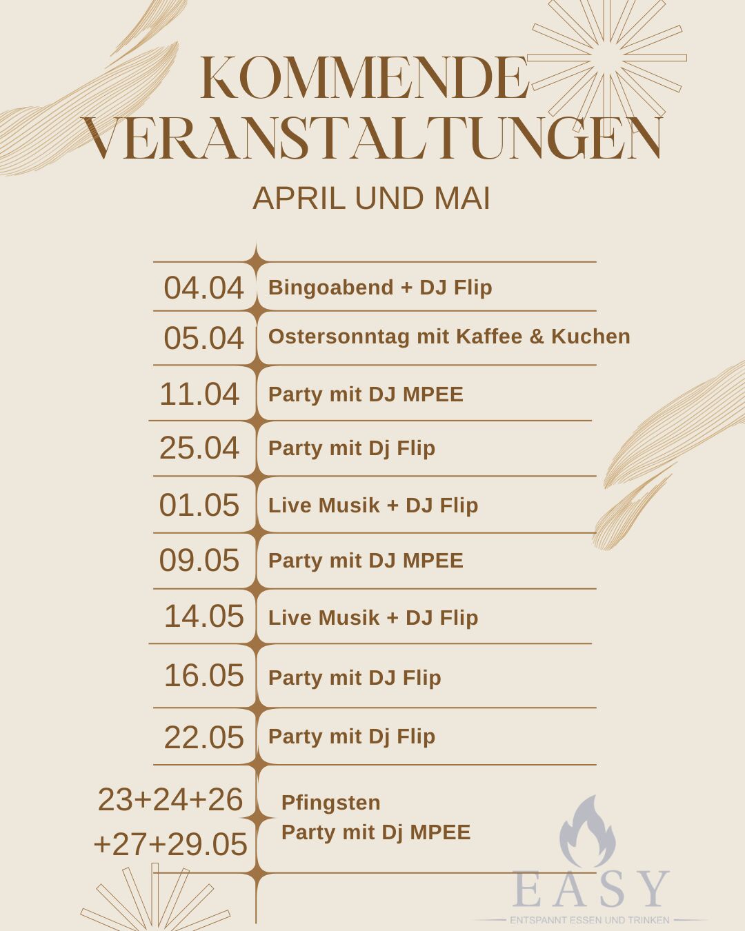 kommende Events im April und Mai
